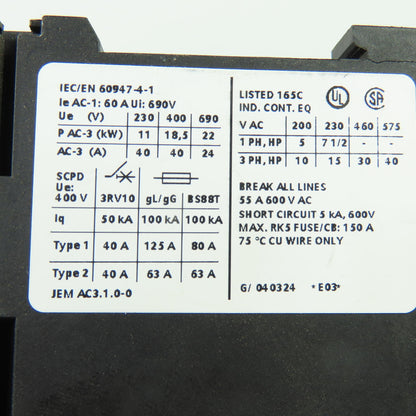 Siemens 3RT1035-1B..0 Sirius 40HP 3Ph 600VAC Contactor 24VDC Coil