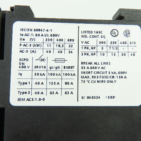 Siemens 3RT1035-1B..0 Sirius 40HP 3Ph 600VAC Contactor 24VDC Coil