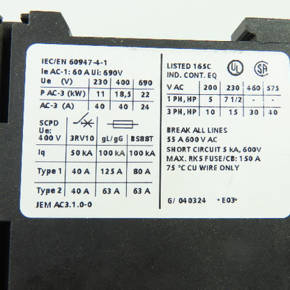 Siemens 3RT1035-1B..0 Sirius 40HP 3Ph 600VAC Contactor 24VDC Coil