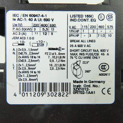 Siemens 3RT1024-1B..4 Sirius 10HP 3Ph 600VAC Motor Starter Contactor 24VDC Coil