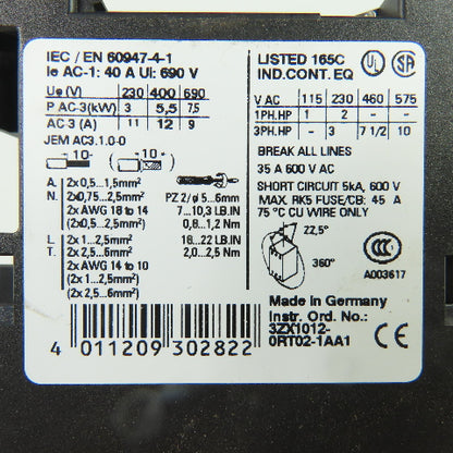 Siemens 3RT1024-1B..4 Sirius 10HP 3Ph 600VAC Motor Starter Contactor 24VDC Coil