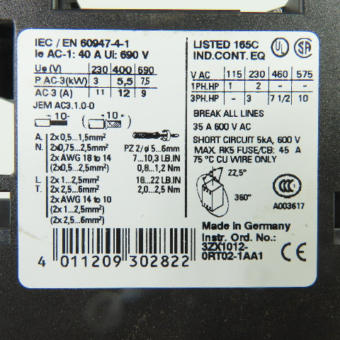 Siemens 3RT1024-1B..4 Sirius 10HP 3Ph 600VAC Motor Starter Contactor 24VDC Coil
