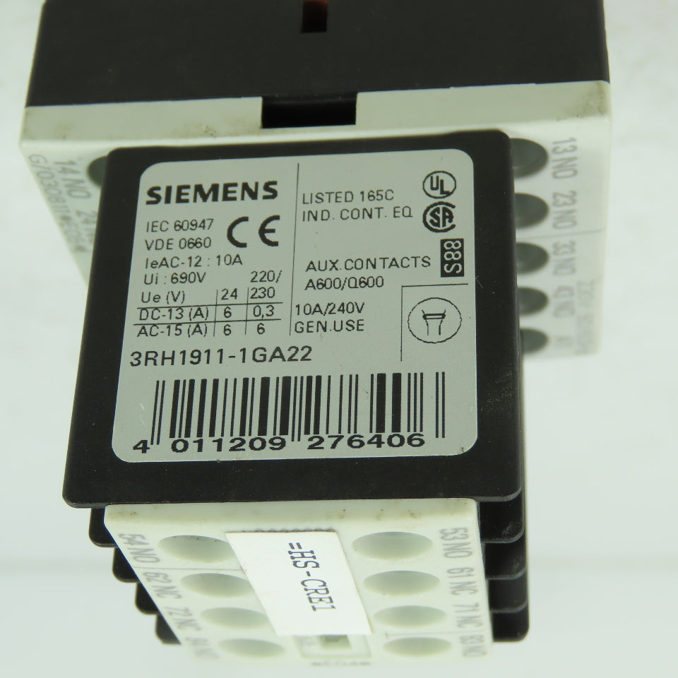 Siemens 3RT1140-1AP00 Sirius 10A 600VAC Contactor W/ 3RH1911-1GA22