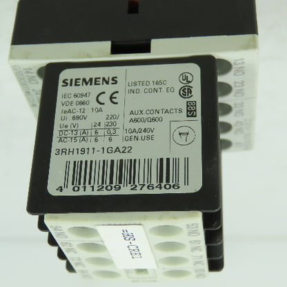 Siemens 3RT1140-1AP00 Sirius 10A 600VAC Contactor W/ 3RH1911-1GA22