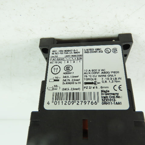 Siemens 3RT1140-1AP00 Sirius 10A 600VAC Contactor W/ 3RH1911-1GA22