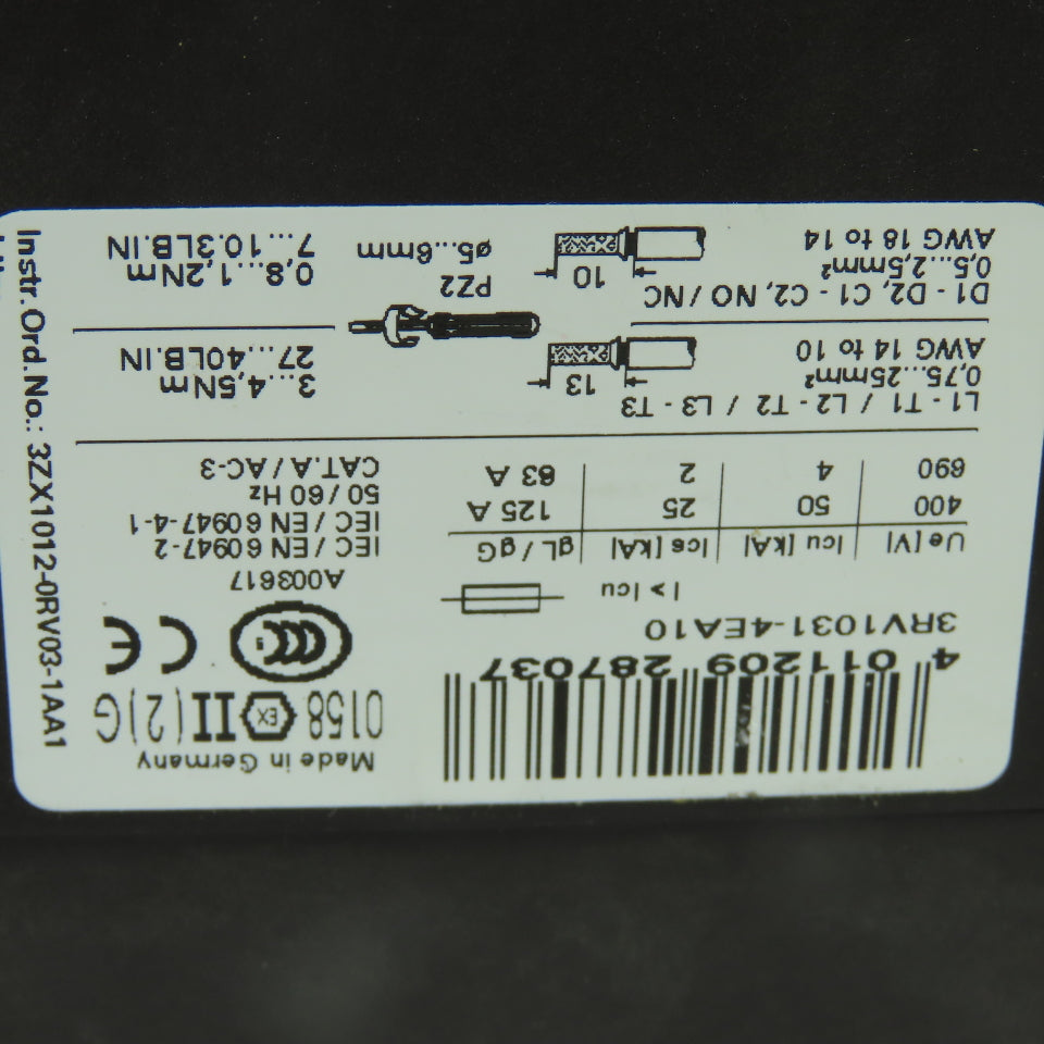 Siemens 3RV1031-4EA10 Sirius 30HP 3PH 600VAC Manual Motor Starter