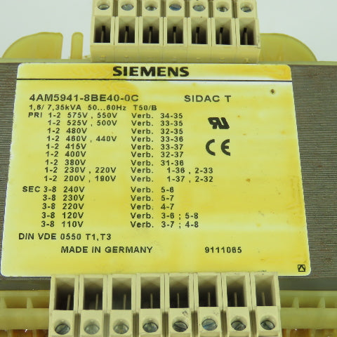 Siemens 4AM5941-8BE40-0C 7.35KVA Transformer 200/480/575V Pri 110/240V Sec