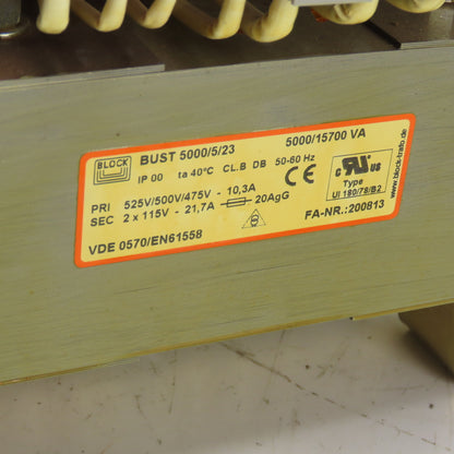 Block BUST 5000/5/23 Transformer 525/500/475V Pri 2 x 115V Sec 5000/15700VA