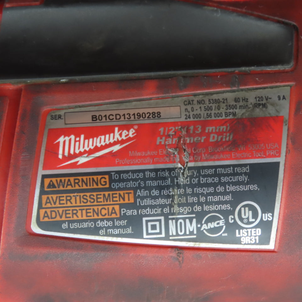 Milwaukee 5380-21 1/2" Corded Hammer Drill Kit 120V 1PH 0-1500/3500RPM W/ Case
