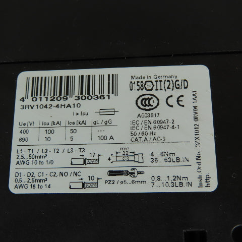Siemens 3RV1042-4HA10 Circuit Breaker Starter Protector 600V 36-50A 3Ph 50HP