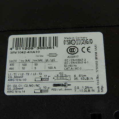 Siemens 3RV1042-4HA10 Circuit Breaker Starter Protector 600V 36-50A 3Ph 50HP