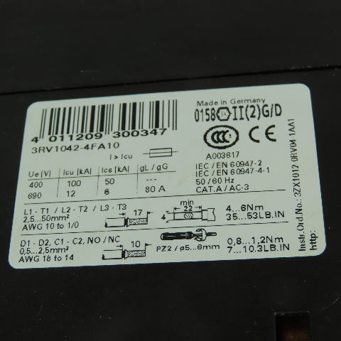 Siemens 3RV1042-4FA10 Motor Protection Circuit Breaker 600V 28-40A 3Ph 40HP