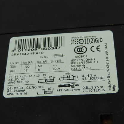 Siemens 3RV1042-4FA10 Motor Protection Circuit Breaker 600V 28-40A 3Ph 40HP