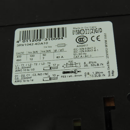 Siemens 3RV1042-4DA10 Motor Protection Circuit Breaker 600V 18-25A 3Ph 25HP