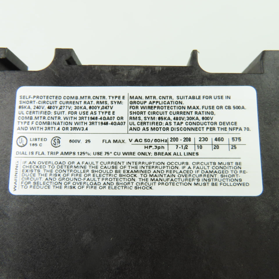 Siemens 3RV1042-4DA10 Motor Protection Circuit Breaker 600V 18-25A 3Ph 25HP