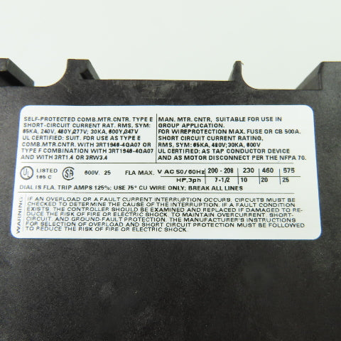 Siemens 3RV1042-4DA10 Motor Protection Circuit Breaker 600V 18-25A 3Ph 25HP