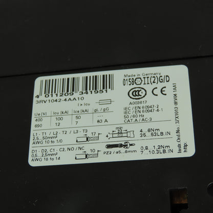 Siemens 3RV1042-4AA10 Motor Protection Circuit Breaker 600V 11-16A 3Ph 15HP