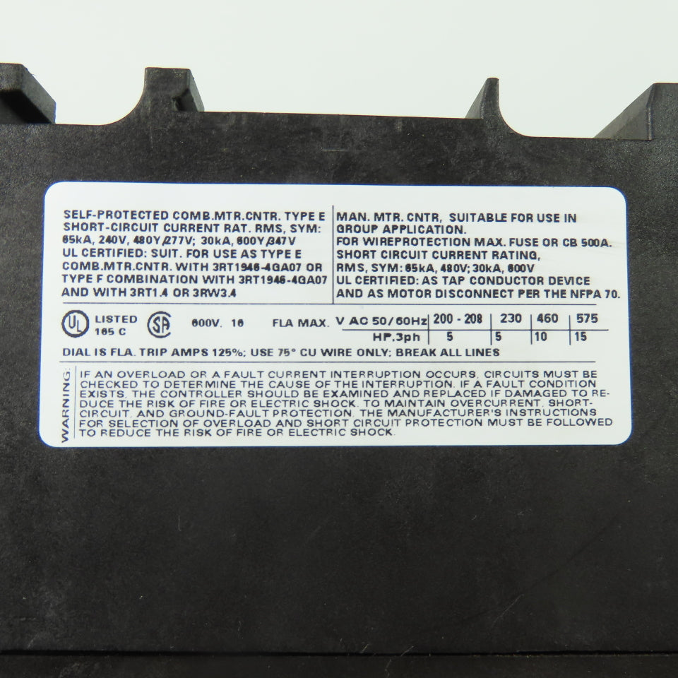 Siemens 3RV1042-4AA10 Motor Protection Circuit Breaker 600V 11-16A 3Ph 15HP