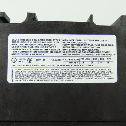 Siemens 3RV1042-4AA10 Motor Protection Circuit Breaker 600V 11-16A 3Ph 15HP