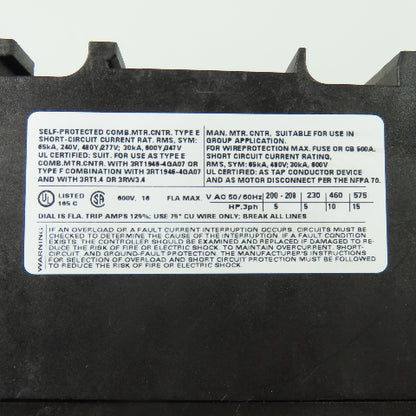 Siemens 3RV1042-4AA10 Motor Protection Circuit Breaker 600V 11-16A 3Ph 15HP