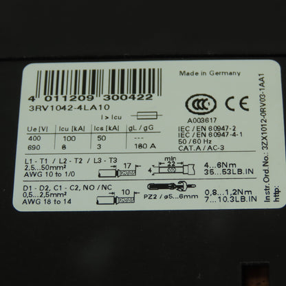 Siemens 3RV1042-4LA10 Motor Protection Circuit Breaker 600V 70-90A 3Ph 100HP