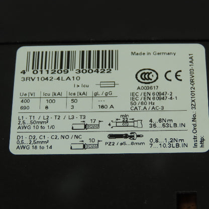 Siemens 3RV1042-4LA10 Motor Protection Circuit Breaker 600V 70-90A 3Ph 100HP