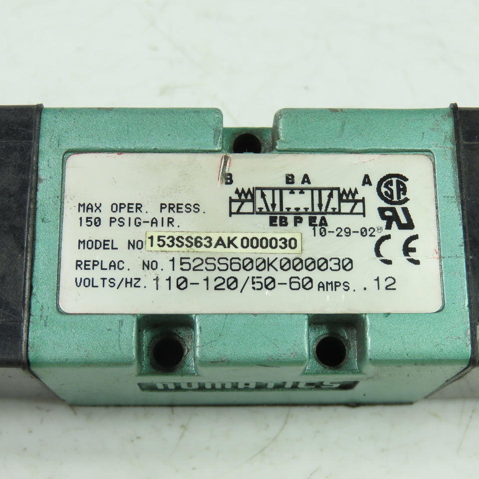 Numatics 15SS63AK000030 Solenoid Valve 110/120V 150PSIG Rep No. 152SS600K000030