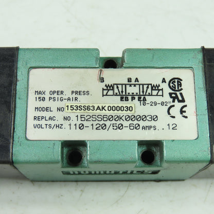 Numatics 15SS63AK000030 Solenoid Valve 110/120V 150PSIG Rep No. 152SS600K000030