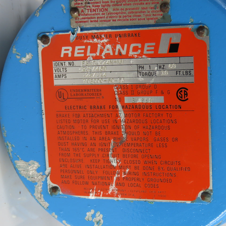 Reliance Type P 2HP Haz Loc Electric Motor 1160RPM 460V 3PH 3.2A X180TD & Brake
