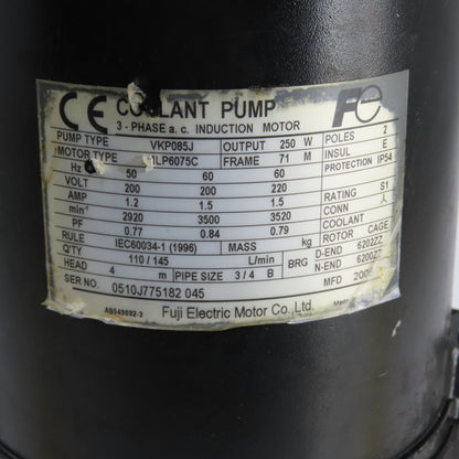 Fuji VKP085J 250W Vertical Coolant Pump 200-220V 3PH 3500RPM 4m Head 145 L/min