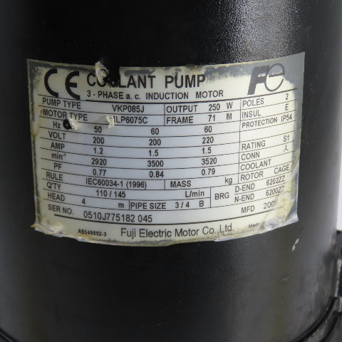 Fuji VKP085J 250W Vertical Coolant Pump 200-220V 3PH 3500RPM 4m Head 145 L/min