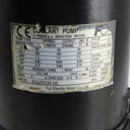Fuji VKP085J 250W Vertical Coolant Pump 200-220V 3PH 3500RPM 4m Head 145 L/min
