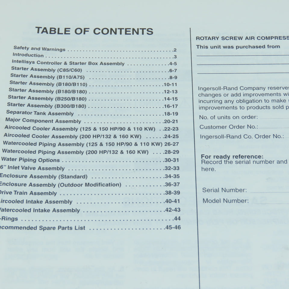 Ingersoll Rand XF/EF/HP 125/150/200, ML/MM/MH 110/132/160 Compressors Parts List