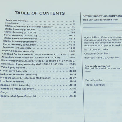 Ingersoll Rand XF/EF/HP 125/150/200, ML/MM/MH 110/132/160 Compressors Parts List