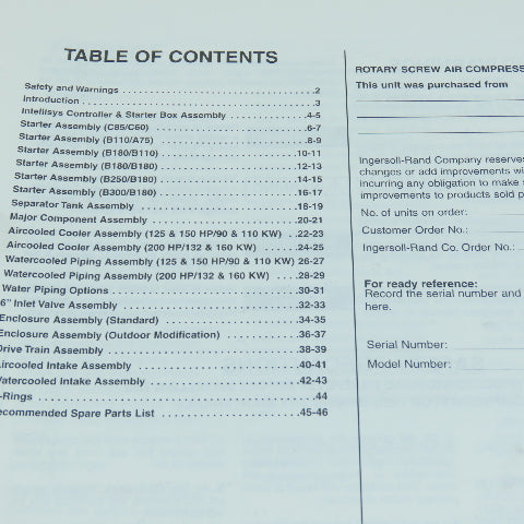 Ingersoll Rand XF/EF/HP 125/150/200, ML/MM/MH 110/132/160 Compressors Parts List