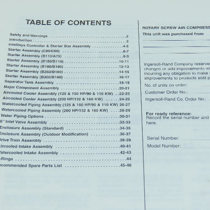 Ingersoll Rand XF/EF/HP 125/150/200, ML/MM/MH 110/132/160 Compressors Parts List