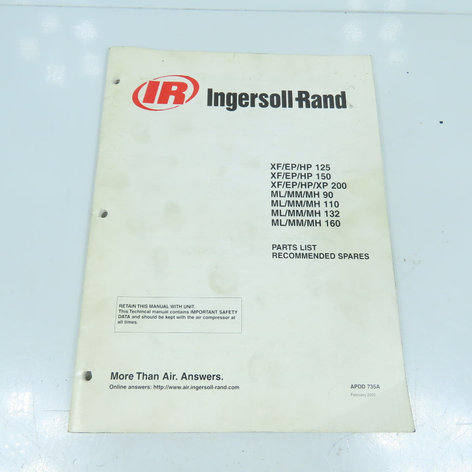 Ingersoll Rand XF/EF/HP 125/150/200, ML/MM/MH 110/132/160 Compressors Parts List