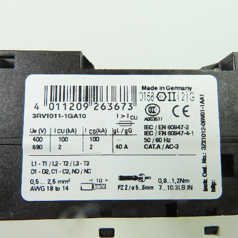 Siemens 3RV1011-1GA10 Motor Starter Circuit Breaker Protector 600V 4.5-6.3A Trip