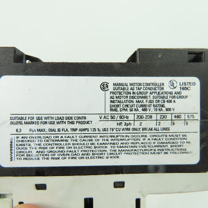 Siemens 3RV1011-1GA10 Motor Starter Circuit Breaker Protector 600V 4.5-6.3A Trip