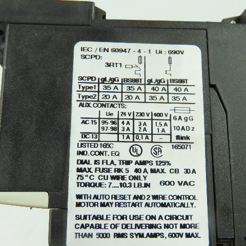 Siemens 3RU1116-1JB1 Overload Relay 7-10A 600VAC