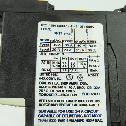 Siemens 3RU1116-1JB1 Overload Relay 7-10A 600VAC