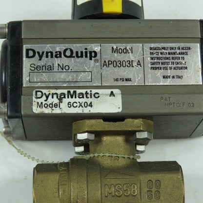 DyneQuip DynaMatic AP0303DA 6CX04 1/2" Air Actuated Brass Ball Valve 140PSI Max