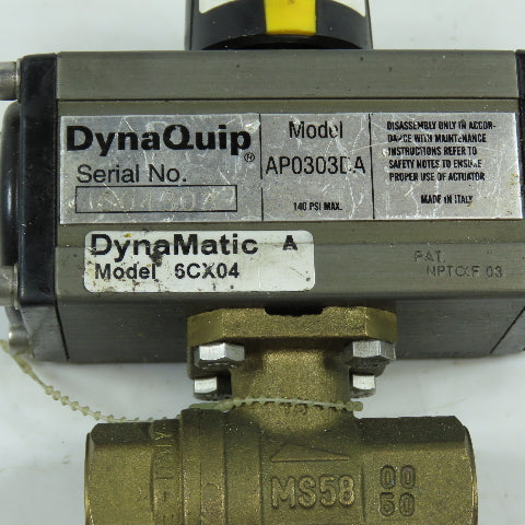 DyneQuip DynaMatic AP0303DA 6CX04 1/2" Air Actuated Brass Ball Valve 140PSI Max