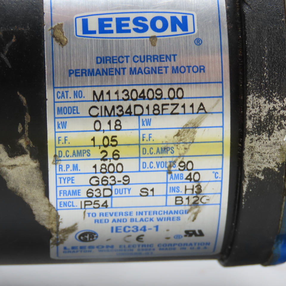 Leeson M1130409.00 0.18KW Permanent Magnet Motor 90VDC 1800RPM 2.6A