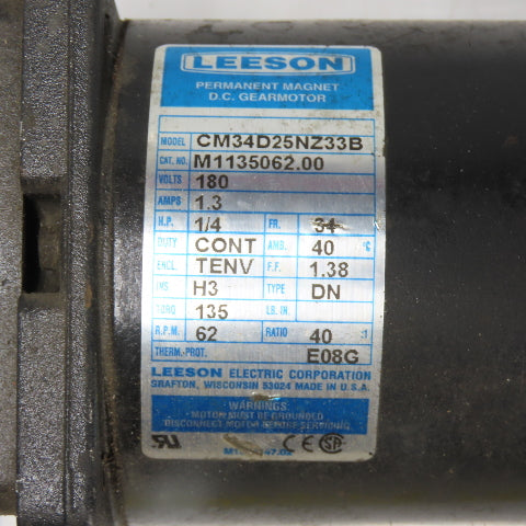 Leeson CM34D25NZ33B 1/4HP Permanent Magnet DC Gear Motor 180V 62RPM 40:1 Ratio
