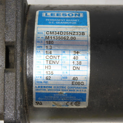 Leeson CM34D25NZ33B 1/4HP Permanent Magnet DC Gear Motor 180V 62RPM 40:1 Ratio