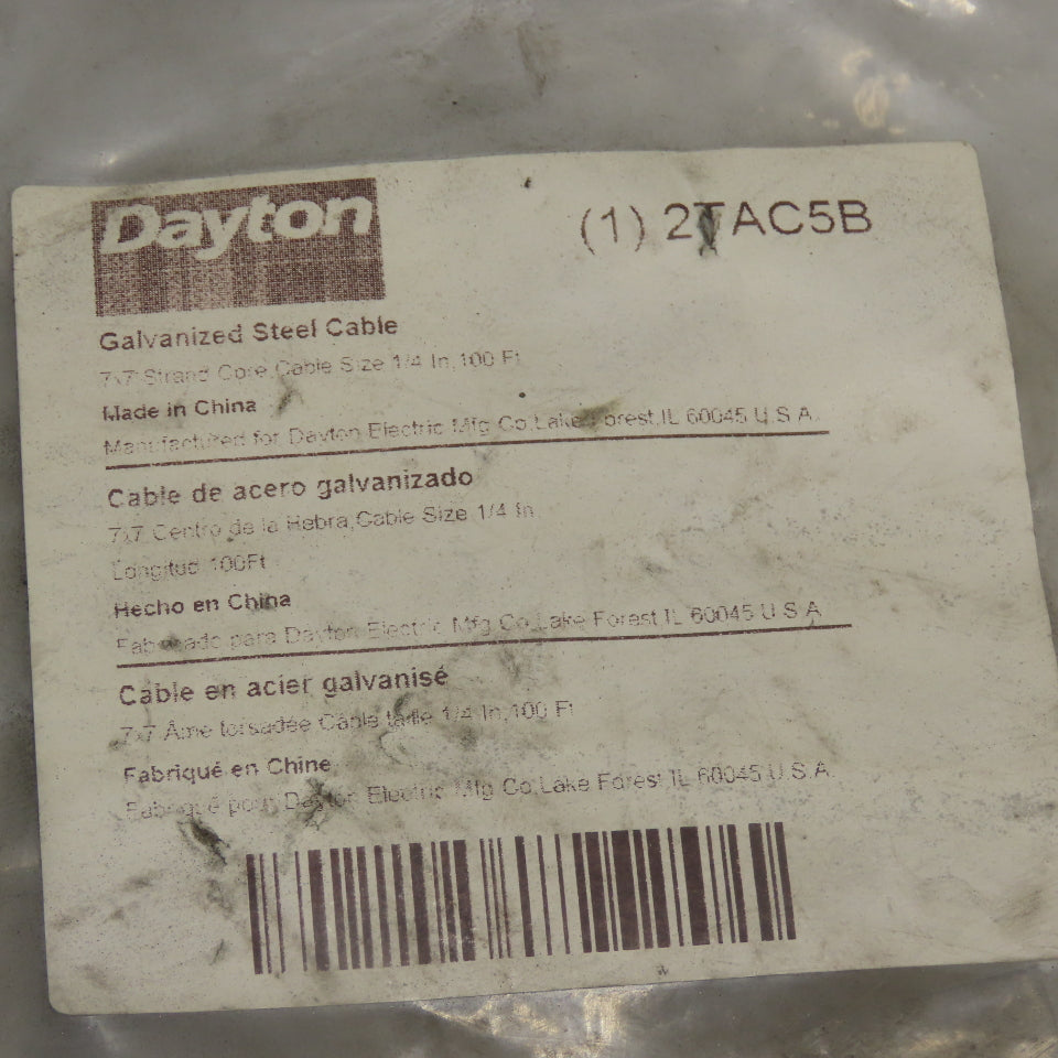 Dayton 2TAC5B Galvanized Steel Cable Rope 7 x 7 strand 1/4" 100' L