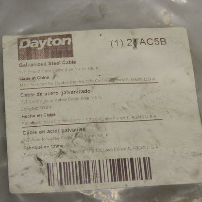 Dayton 2TAC5B Galvanized Steel Cable Rope 7 x 7 strand 1/4" 100' L