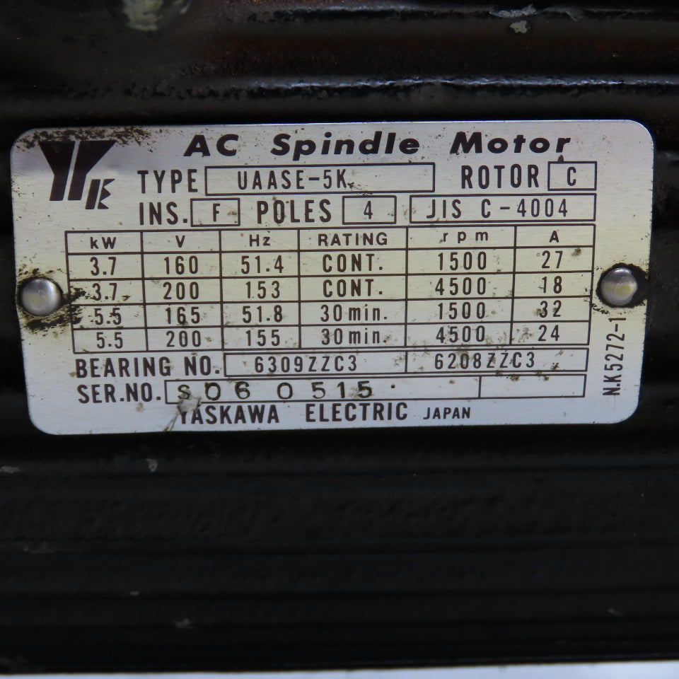 Yaskawa UAASE-5K 3.7/5.5kW AC Spindle Motor 160/165/200V 1500/4500RPM