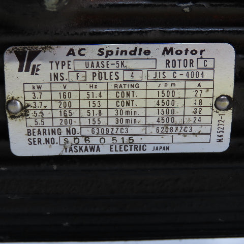 Yaskawa UAASE-5K 3.7/5.5kW AC Spindle Motor 160/165/200V 1500/4500RPM